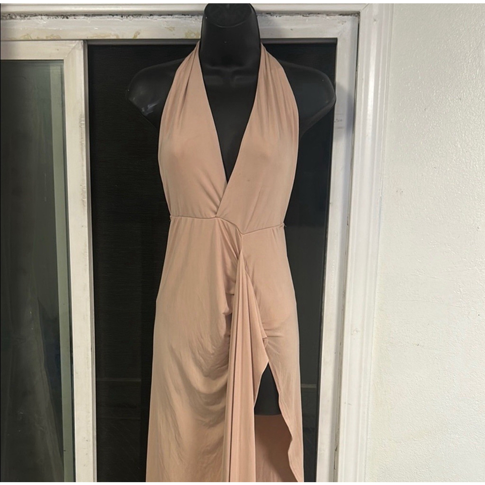 Naked Wardrobe Pink Ruched Halter Gown Midi Dress Pink Tan Night Out Party